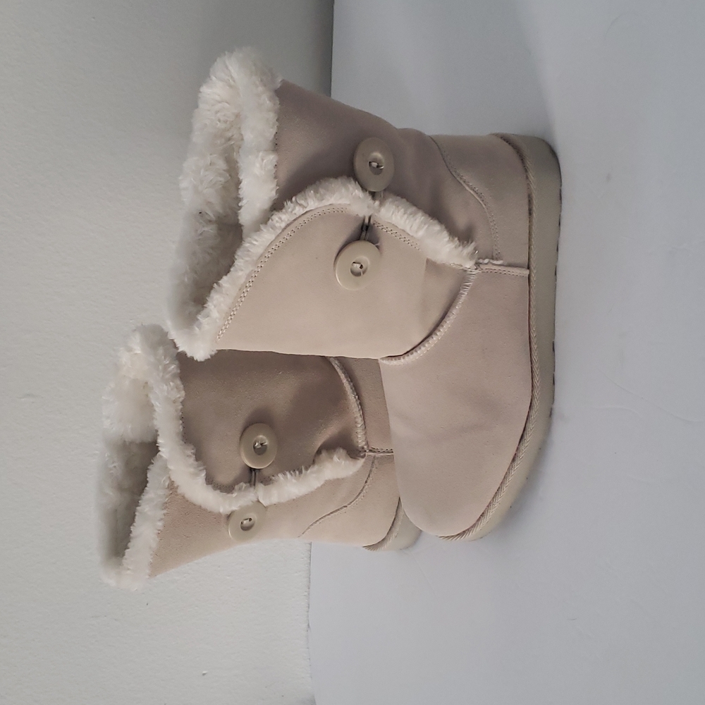 KOHL'S ANKLE BOOTS, Beige Suede, flats, faux fur, Size 9,